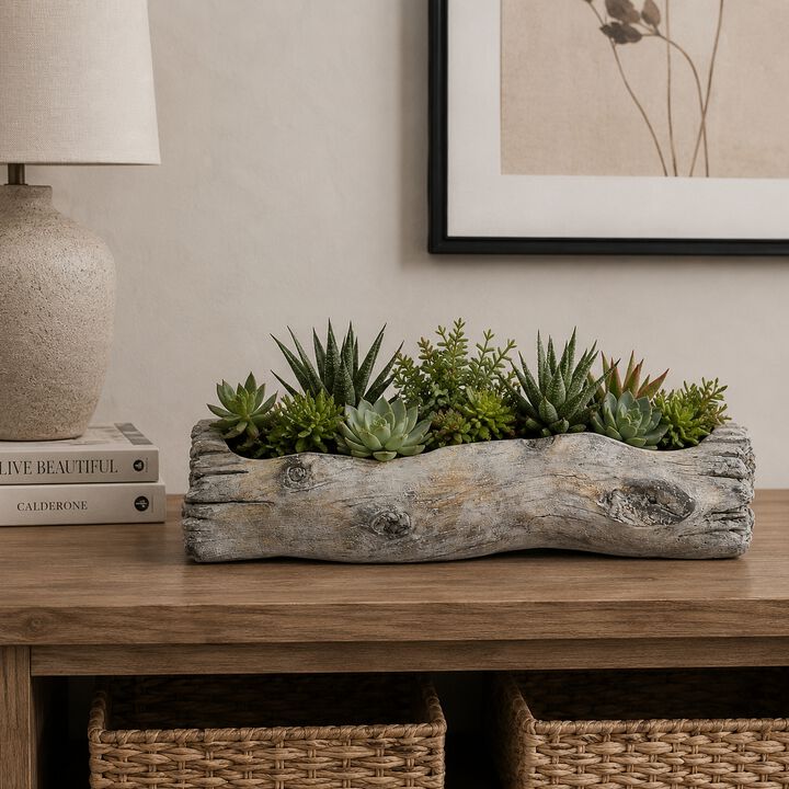 Decorative Faux Log Planter, Driftwood Style Terracotta, 13 Inch Gray