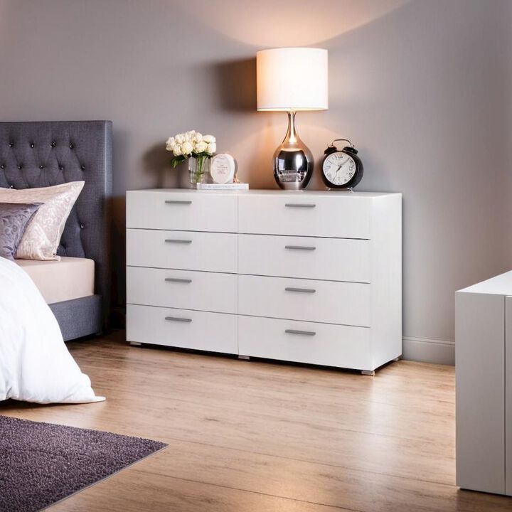 FurniFact Sleek White Double Dresser with Eight Spacious Drawers for Bedroom Storage