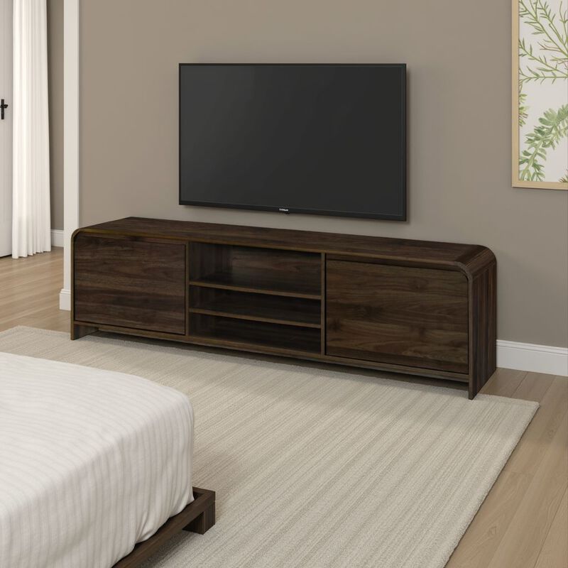 Maria TV Stand Media Cabinet, 2 Drawer and Shelves, Brown Wood 71 Inch - Benzara