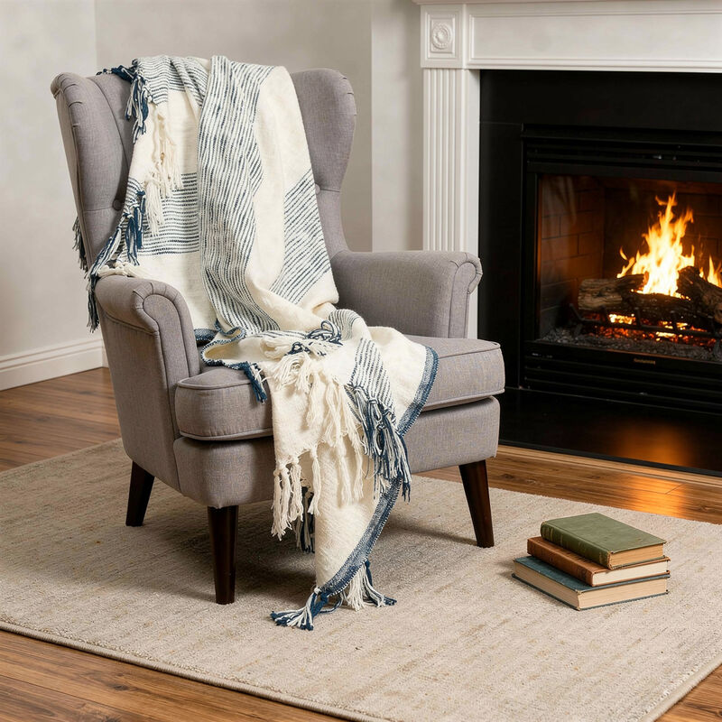 HomeRoots 50" X 60" Ivory Cotton Woven Striped Throw Blanket with Fringe image number 1