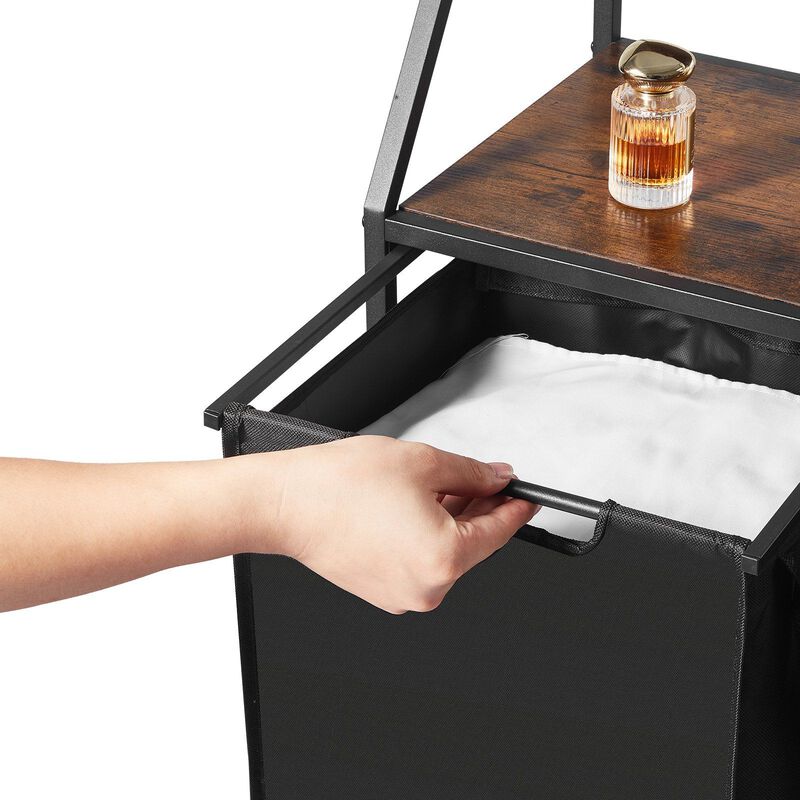 2 Section Rolling Laundry Sorter with Shelves, Oxford Cloth Bags and Wooden Top-Black image number 8