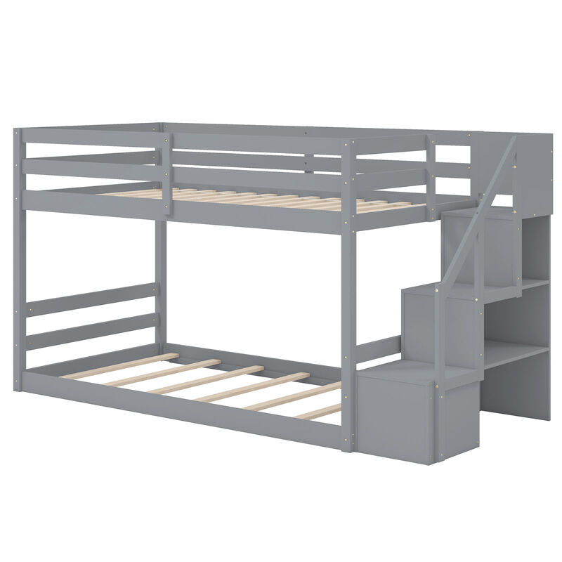 Solid Wood Twin Over Twin Low Bunk Bed with Storage Stairs image number 0