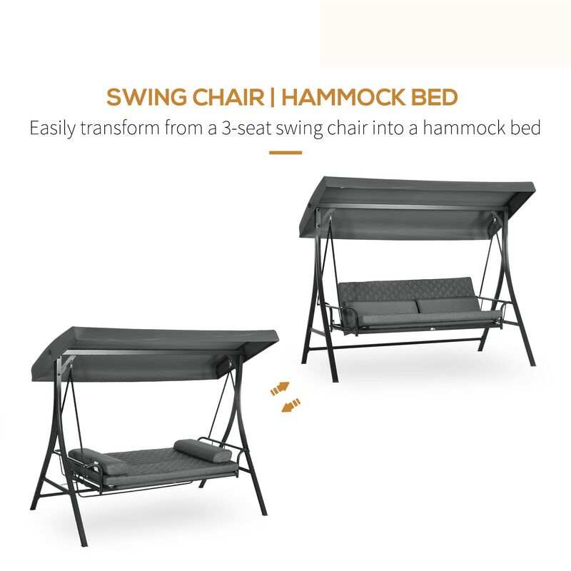 3 Person Porch Swing Bed, Outdoor Patio Swing Chair Bench Hammock with Adjustable Canopy, Cushions, Pillows, Dark Gray image number 4