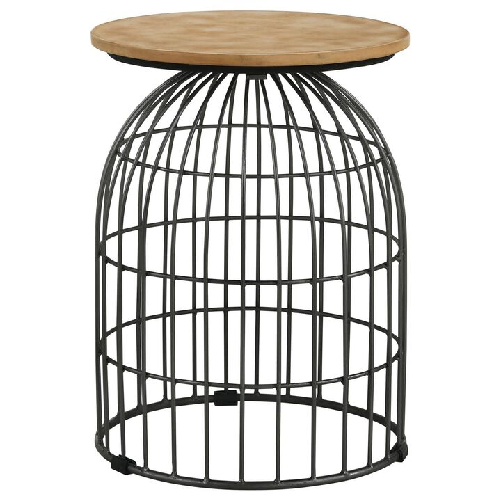 21 Inch Round Accent Table with Bird Cage Style Base, Beige Marble, Black - Benzara
