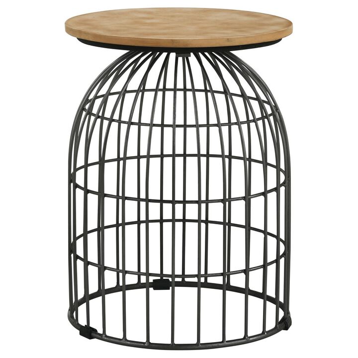 21 Inch Round Accent Table with Bird Cage Style Base, Beige Marble, Black