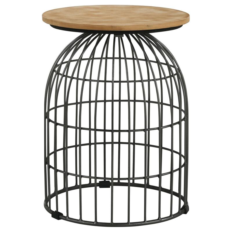 21 Inch Round Accent Table with Bird Cage Style Base, Beige Marble, Black