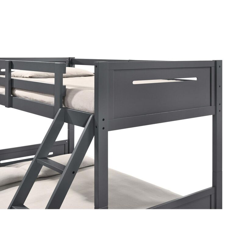 Amey Twin over Full Bunk Bed, Guard Rails, Attached Ladder, Gray Wood - Benzara