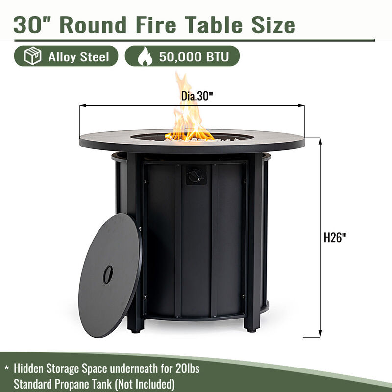 30" Propane Gas Fire Pit Table, 50000 BTU Round Steel Fire Pit With Wood Grain Ceramic Table Top