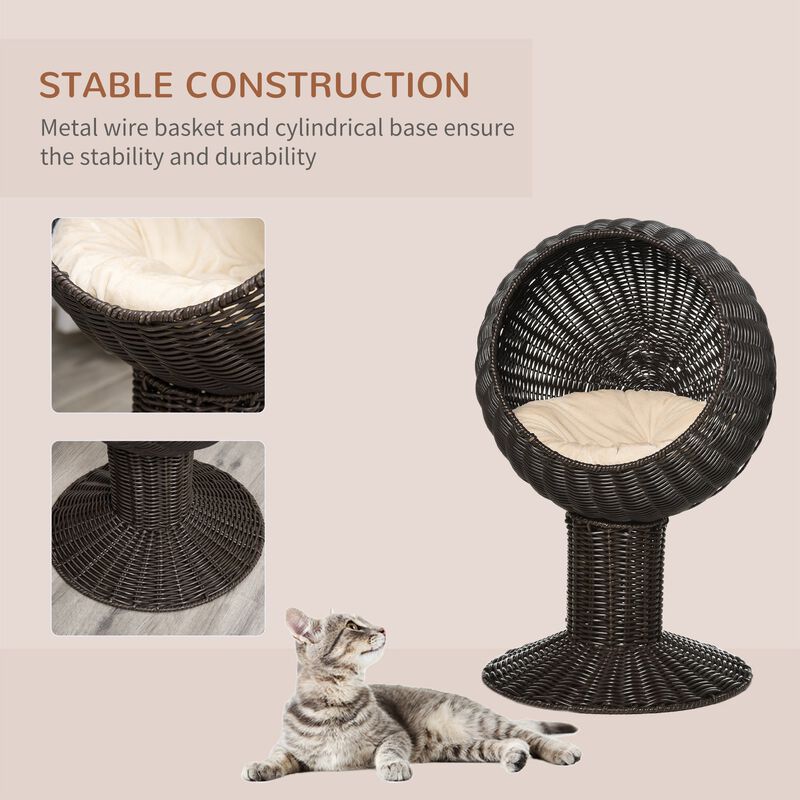 Rotatable Cat Retreat: 27" Coffee-Colored Woven Grass Egg Chair Pod