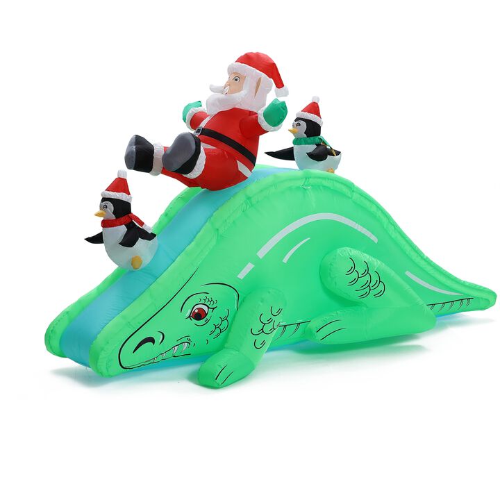 LuxenHome  LuxenHome Santa and Penguins Trio Sliding on a Dinosaur Inflatable Holiday Decoration