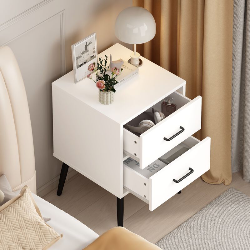Assembled 2-Drawer Nightstand White Metal Legs Handles image number 3