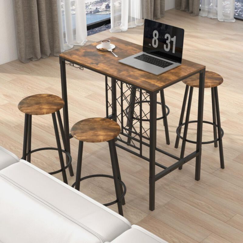 Hivvago 5 Pieces Bar Table and Stools Set with Wine Rack and Glass Holder