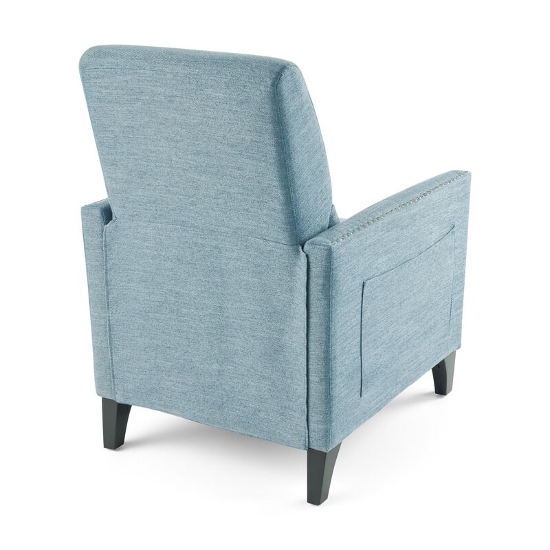 Davy Pushback Recliner Chair, Nailhead Trim, Birch Wood, Blue Fabric - Benzara