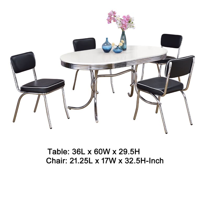 Loy 5pc Oval Dining Set w 4 Chairs, Retro Design Chrome, White, Black