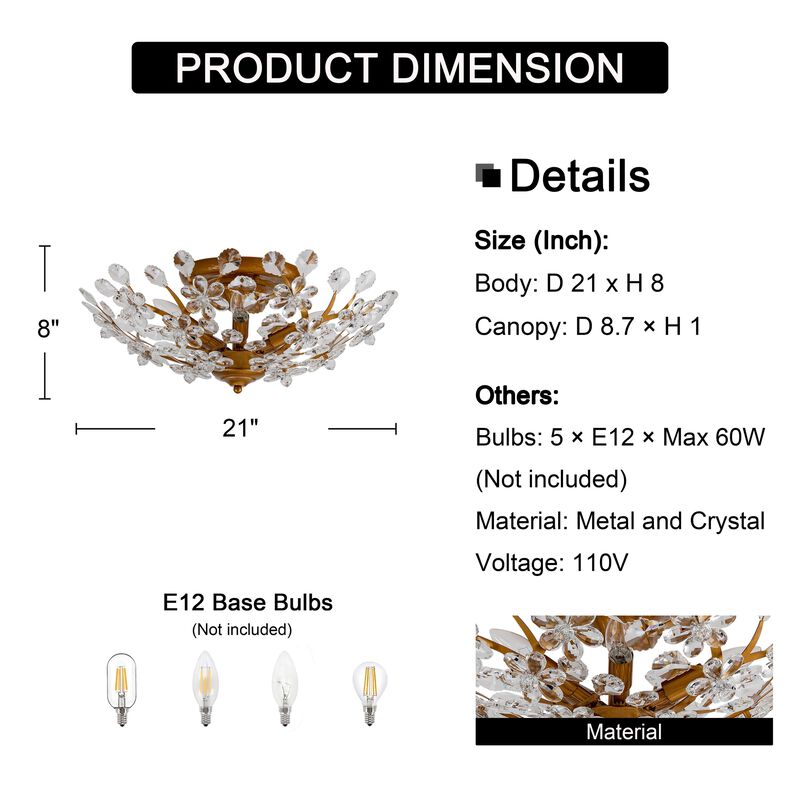 Juan 5-light Crystal Glass Flowers Blooms Flush Mount - Medium‑gloss Brushed Brass Finish image number 8