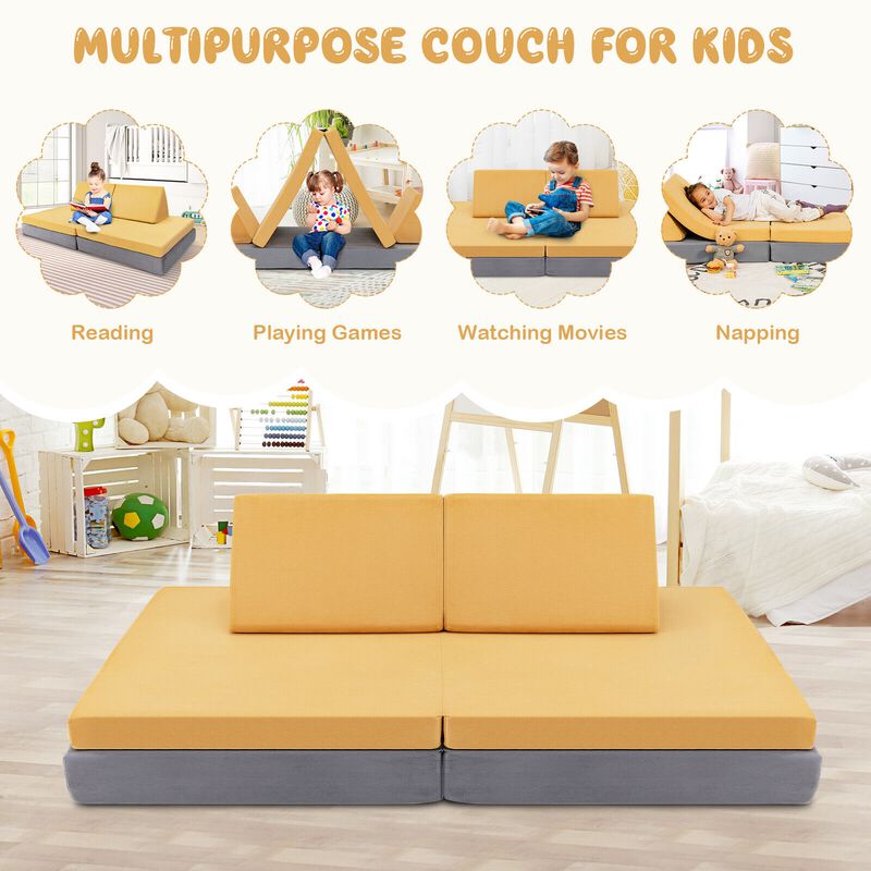 4 Pieces Convertible Kids Couch Set with 2 Folding Mats in Yellow