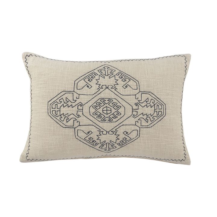 24" Blue and Off White Embroidered Damask Medallion Lumbar Throw Pillow
