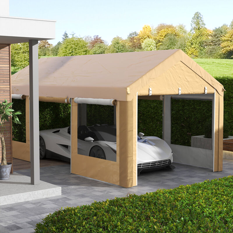 Outsunny Carport 10' x 20' Portable Garage, Height Adjustable Heavy Duty Car Port Canopy with 4 Roll-up Doors & 4 Ventilated Windows for Car, Truck, Boat, Garden Tools, Beige