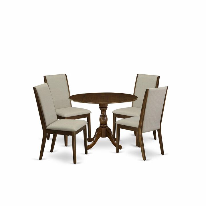 East West Furniture 5 Piece Modern Dining Table Set Includes 1 Drop Leaves Dining Table and 4 Grey Linen Fabric Parsons Chair with High Back - Acacia Walnut Finish