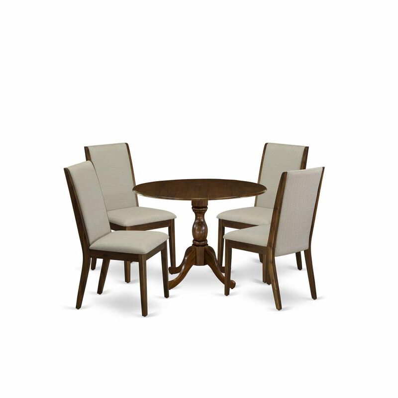 East West Furniture 5 Piece Modern Dining Table Set Includes 1 Drop Leaves Dining Table and 4 Grey Linen Fabric Parsons Chair with High Back - Acacia Walnut Finish