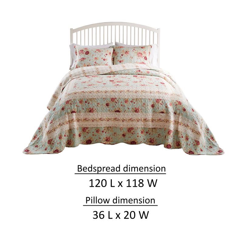 Rosle 3pc King Bedspread Set, 2 Shams, Reversible Rose Print, Blue Cotton - Benzara