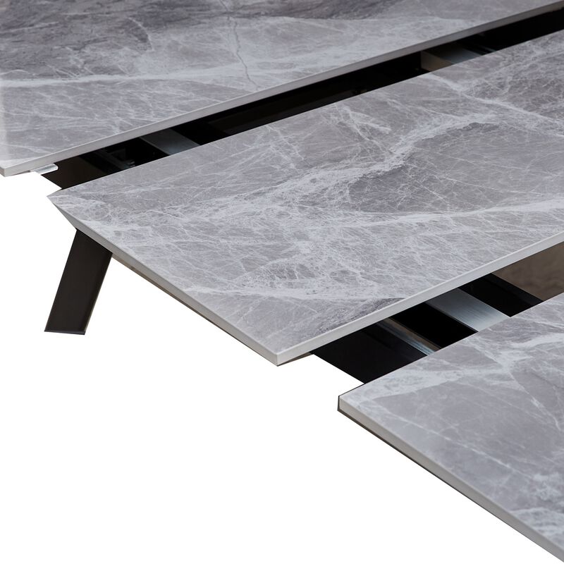 79 Inch Extendable Modern Dining Table, Textured Stone Surface, Warm Gray