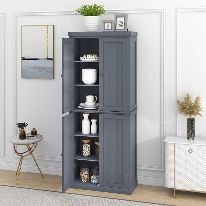 Freestanding Tall Kitchen Pantry, 72.4" Minimalist Kitchen Storage Cabinet Organizer with 4 Doors and Adjustable Shelves, Gray