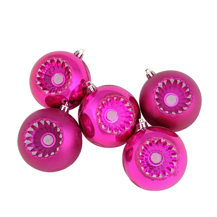 5ct Pink Retro Reflector Shatterproof 2-Finish Christmas Ball Ornaments 3.25" (80mm)