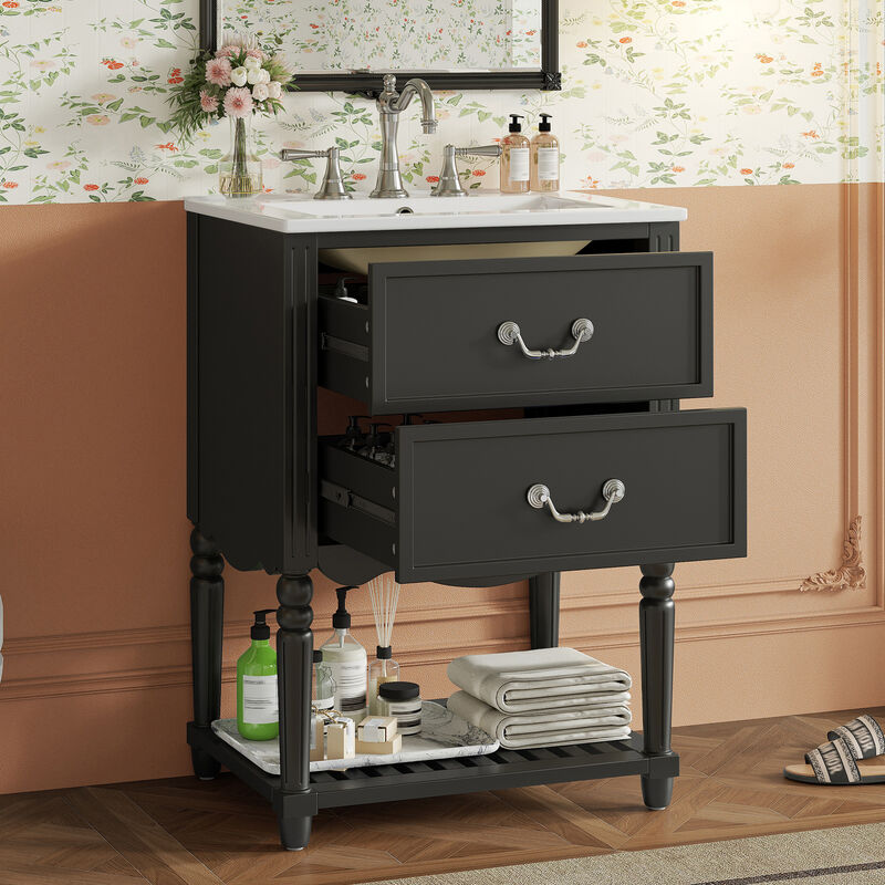 ELEMENT ACE 24 Inch Bathroom Vanity with Ceramic Sink, Bathroom Storage Cabinet with Two Soft-Close Drawers and Open Shelf, Vintage Elegant Wave Design for Bathroom Use image number 5