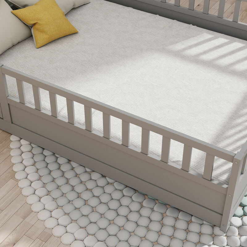 Floor Bed Frame for Kids with High Security Rails and Entry Door