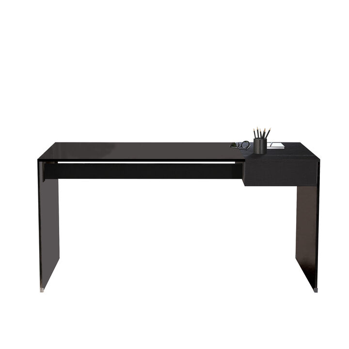 Dark Tempered Glass Writing Desk with Wooden Drawer 53.14"