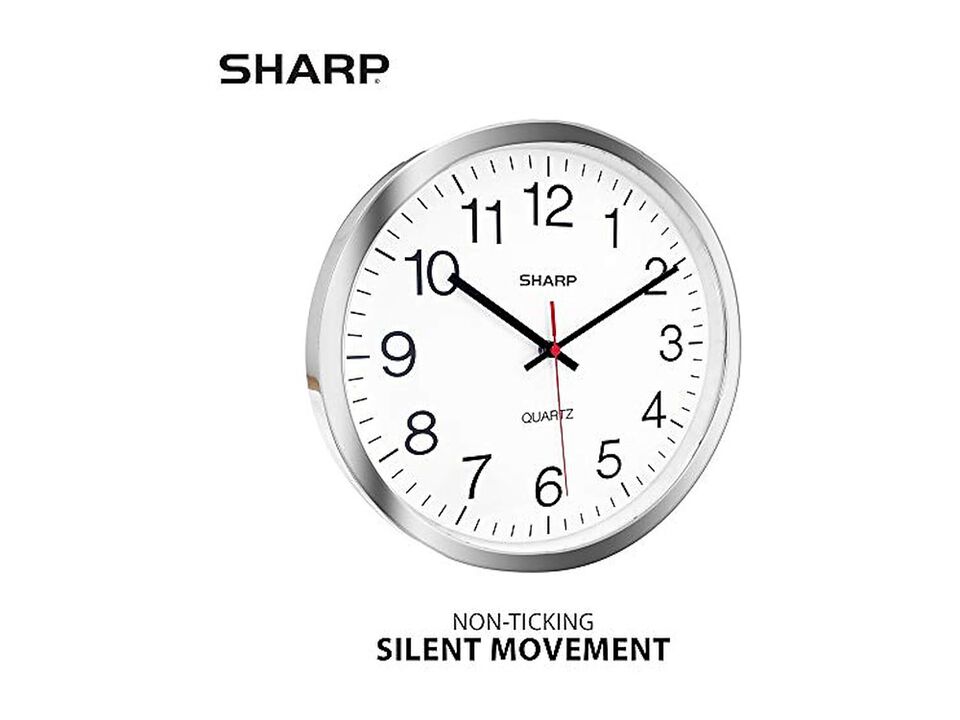 Sharp Silver Chrome Sweep Wall Clock 12 Inch Silent Non Ticking Easy Read