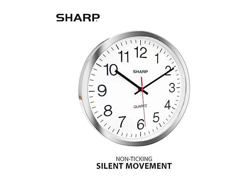 Sharp Silver Chrome Sweep Wall Clock 12 Inch Silent Non Ticking Easy Read image number 1
