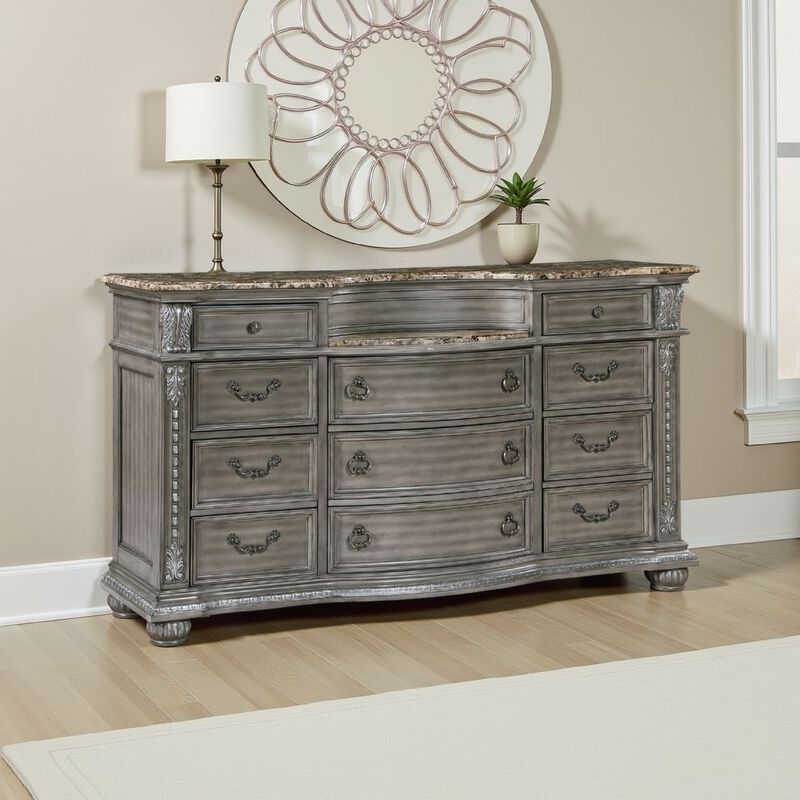 Toga 69 Inch Dresser with 11 Drawers, Gray Acacia Wood, Carved Details - Benzara