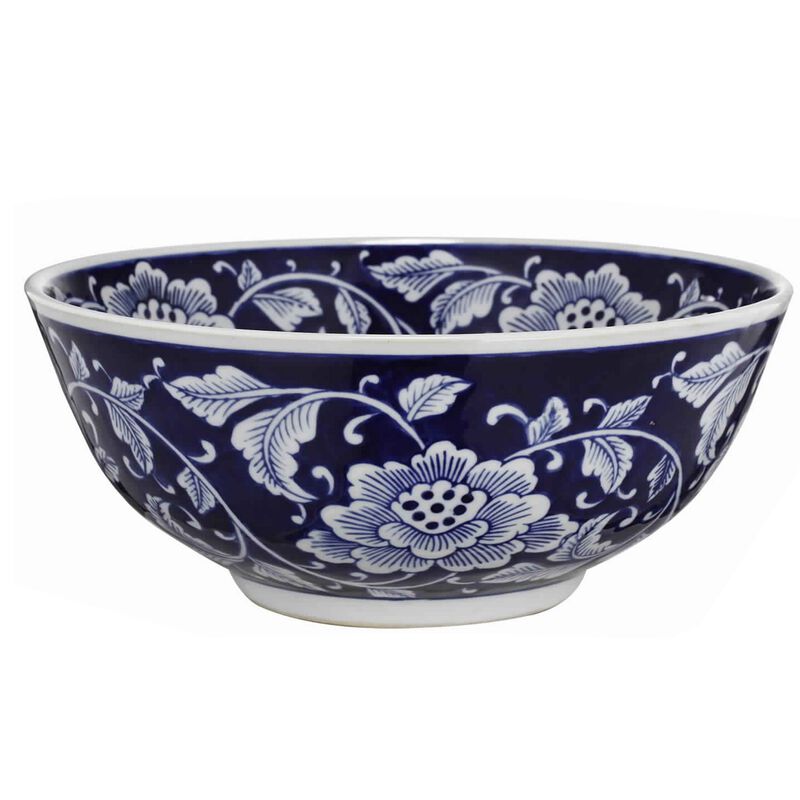 Round Ceramic Bowl with Floral Print, Set of 2, Blue And White, image number 5