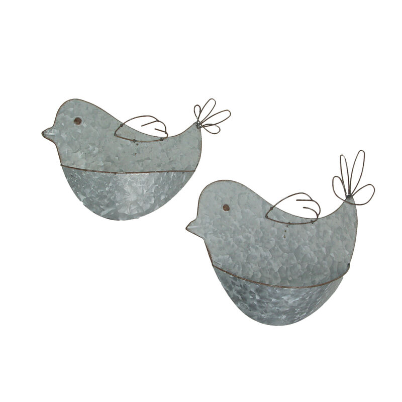 Set of 2 Galvanized Metal Bird Wall Pocket Planter Rustic Decorative Plant Vases image number 0