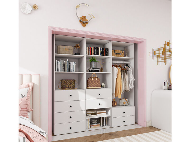 Tall Closet Organizer System, Closet System with 8 Drawers, Closet Organizer with Clothing Racks for Hanging Clothes, Walk in Closet Organizers and Storage with 9 Shelves