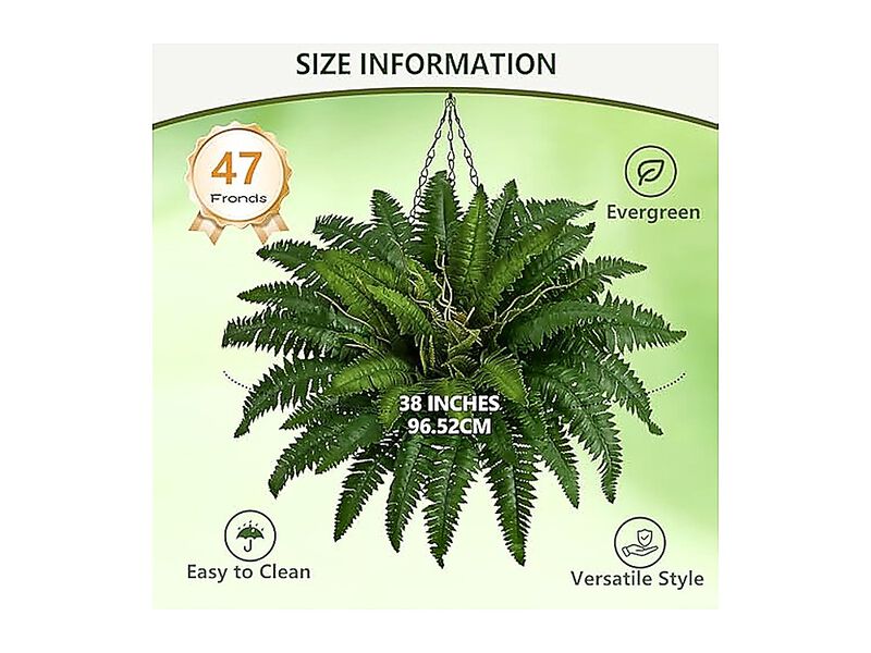 38 Artificial Boston Ferns Bush Plants Set 2 Large Faux Hanging Decor 47 Fronds image number 2