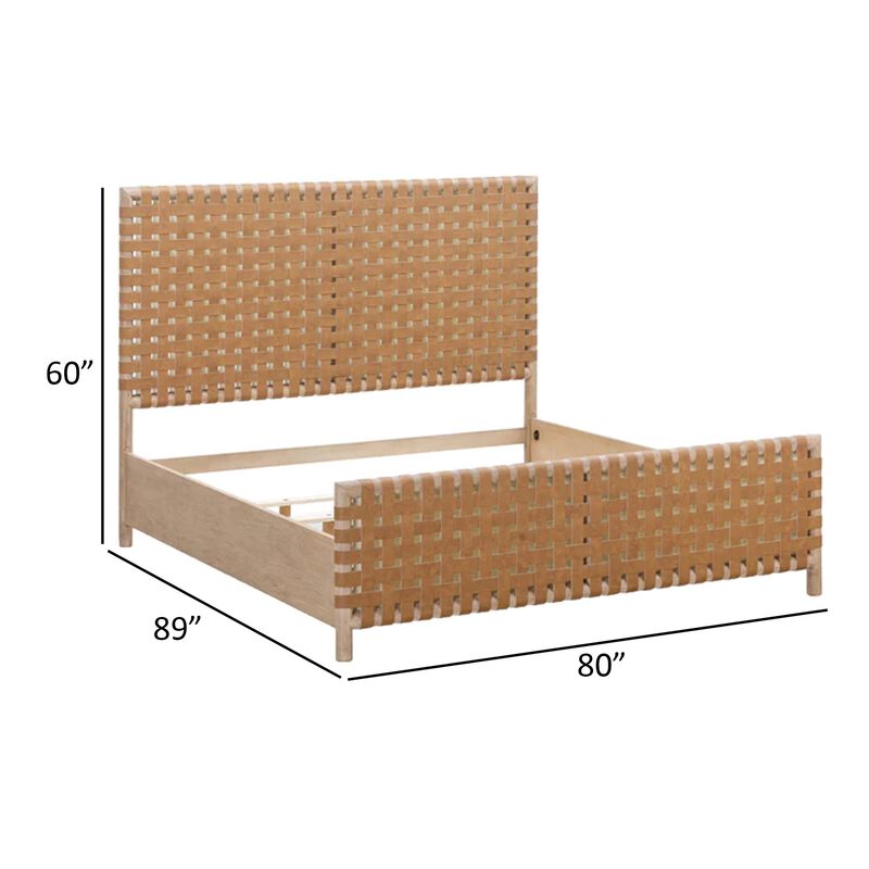 Dory California King Bed, Hand Woven Head and Footboard, Brown Faux Leather - Benzara