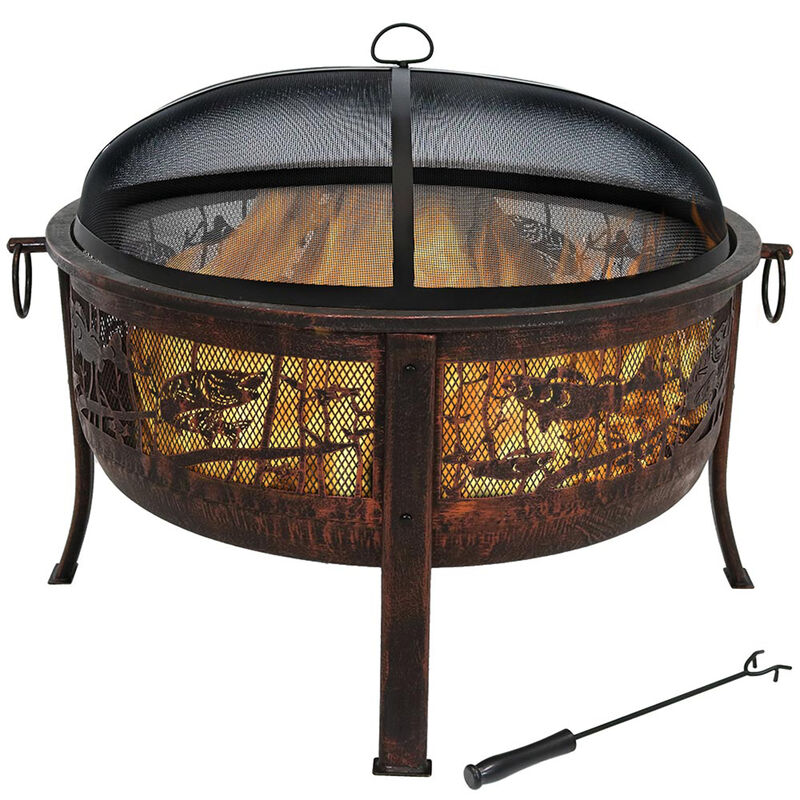 Sunnydaze 30 in Northwoods Fishing Steel Fire Pit with Spark Screen
