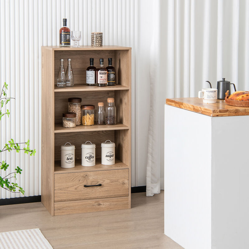 4 Tiers Wood Bookcase with Drawer