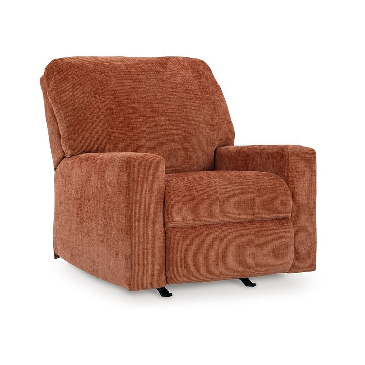 Avie Rocker Recliner Chair, Gentle Motion, Burnt Orange Polyester - Benzara