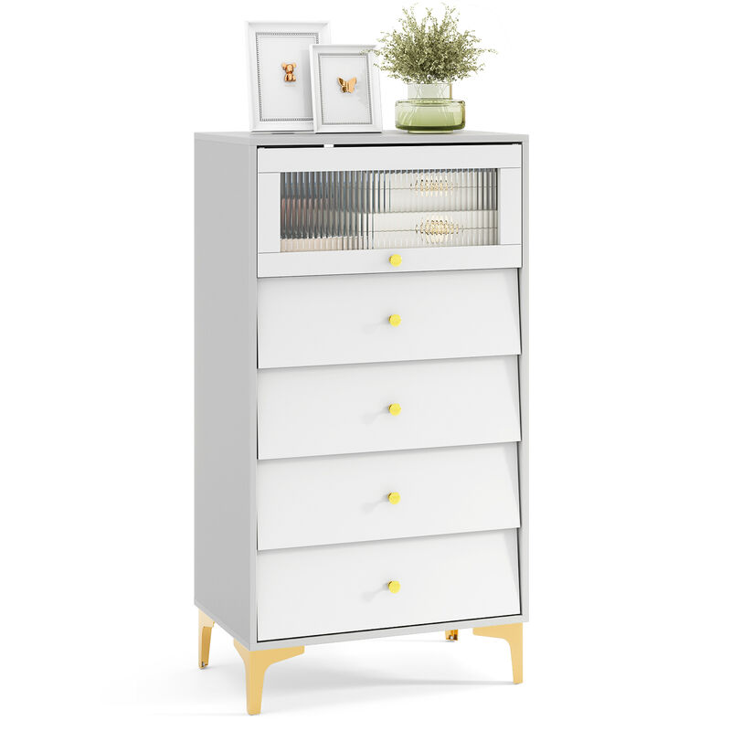 4-Drawer Modern Side Cabinet with Flip-Up Fluted Glass Front