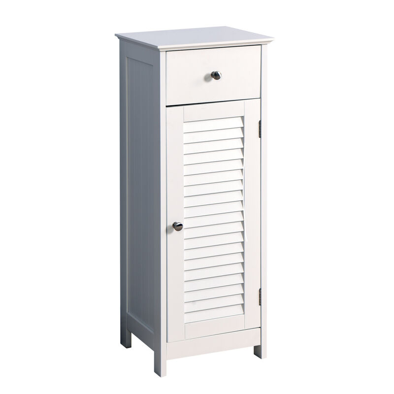 Bathroom Floor Cabinet Storage Organizer Set with Drawer and Single Shutter Door Wooden White