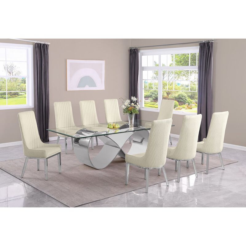 Best Quality Furniture 9Pc Tempered Glass Dining Set 8 Cream Boucle Side Chairs And Silver Base