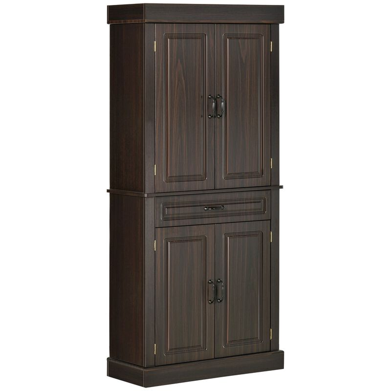 71" Coffee Tall Kitchen Pantry: 4 Doors, 2 Cabinets, Drawer