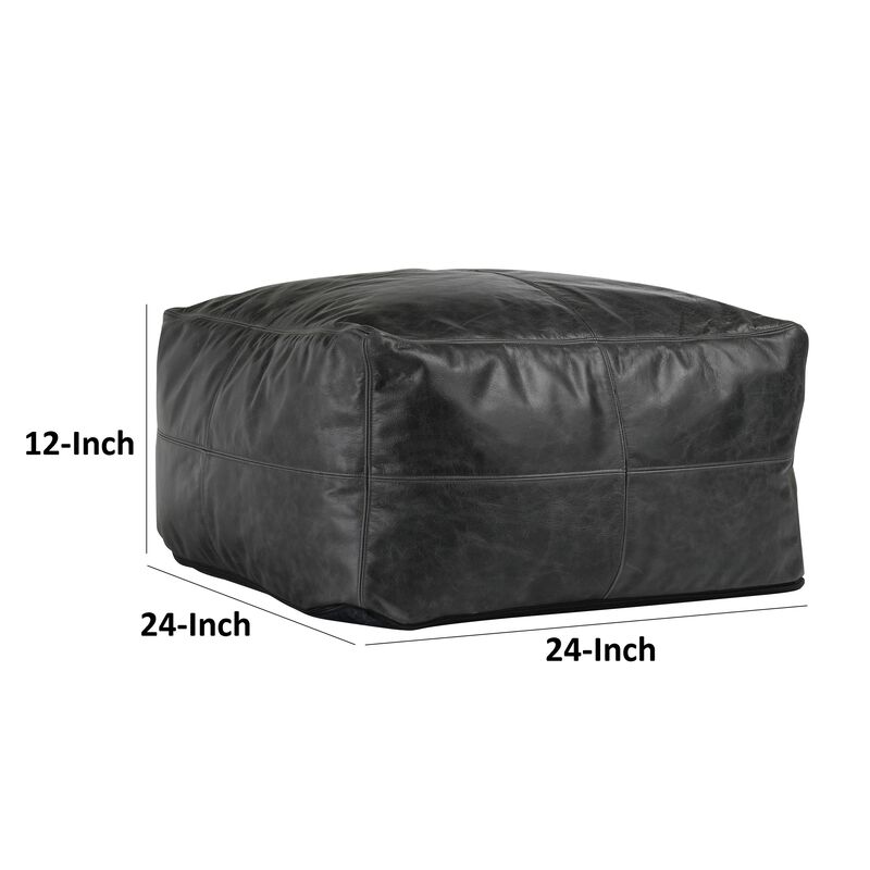 Square Pouf Ottoman, 24 Inch Black Real Leather, Reversible Design - Benzara
