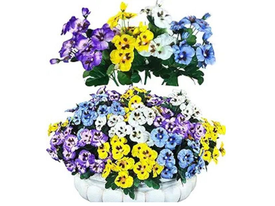 12 Bundle Yellow Artificial Pansy Flowers UV Resistant Outdoor Home Decor