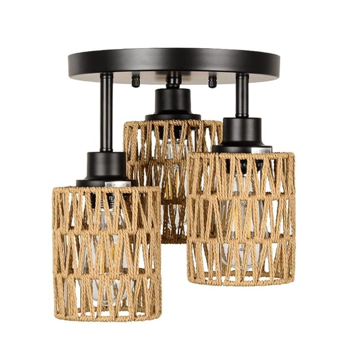ELEMENT ACE 3-Light Hand-Woven Natural Rattan Semi Flush Mount Ceiling Light, Boho Rustic Farmhouse Style Ambient Lighting for Hallway Living Room Bedroom Entryway