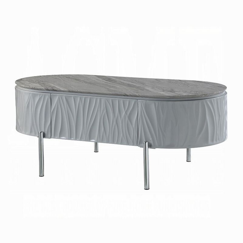 Doug Coffee Table, Gray High Gloss, Chrome Metal, Gray Wood, 47 Inch